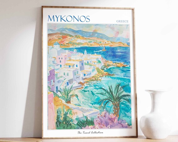 Mykonos Poster Mykonos Travel Print Greece Travel Poster Tropical Decor Beach Art Travel Gift Floral Print Coastal Decor