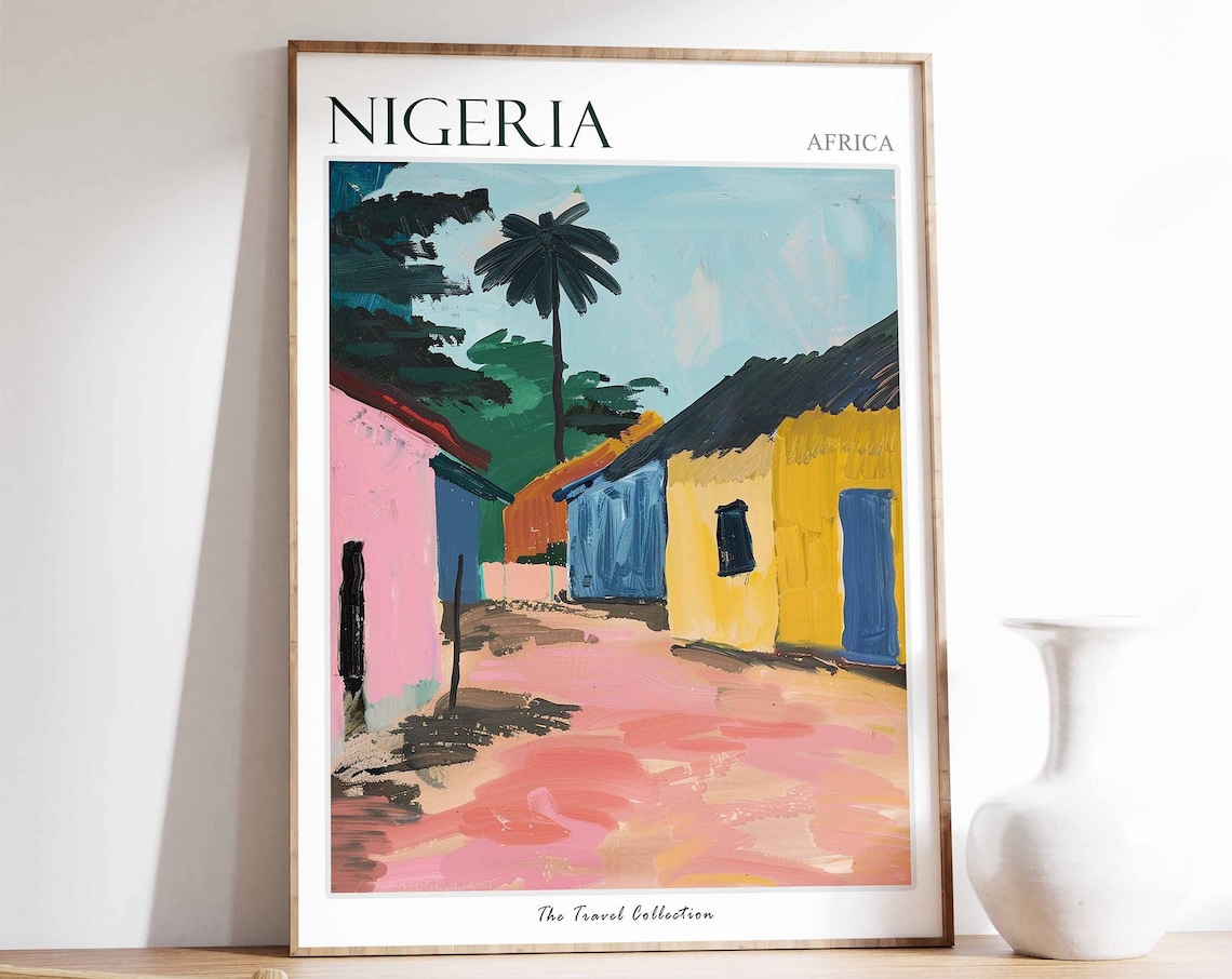 Nigeria Africa Colorful Painted Village Street Travel Poster Palm Tree