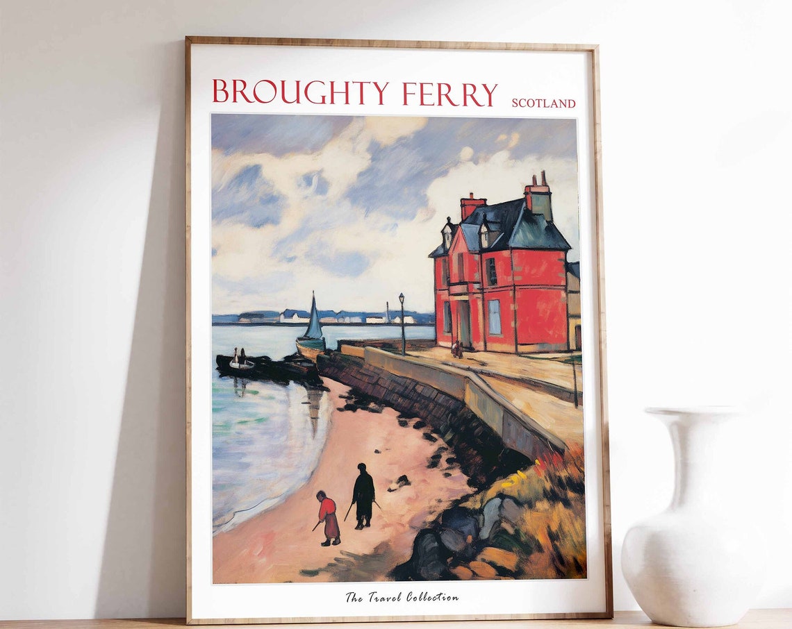 Broughty Ferry Scotland Harbor Red Building Oil Painted Travel Poster