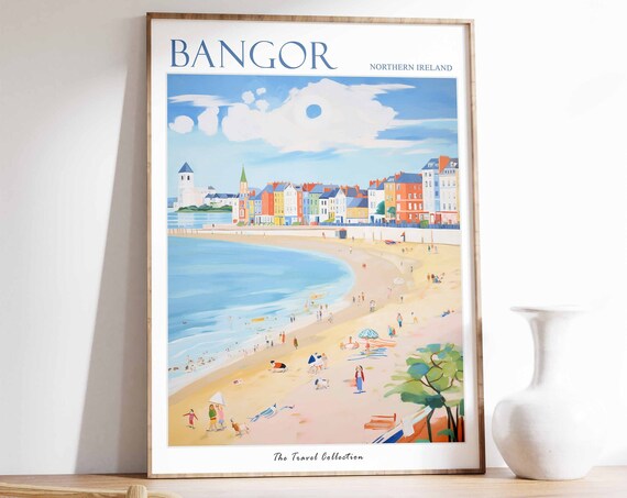 Bangor Northern Ireland Beach Colorful Houses Coastal Art Travel Poster