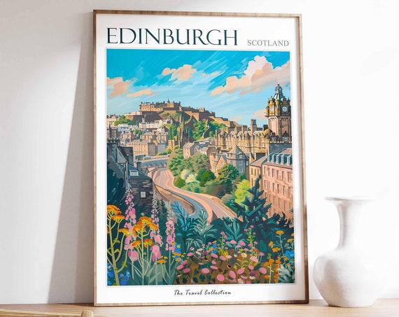 Edinburgh Travel Poster, Scotland Botanical Art Print