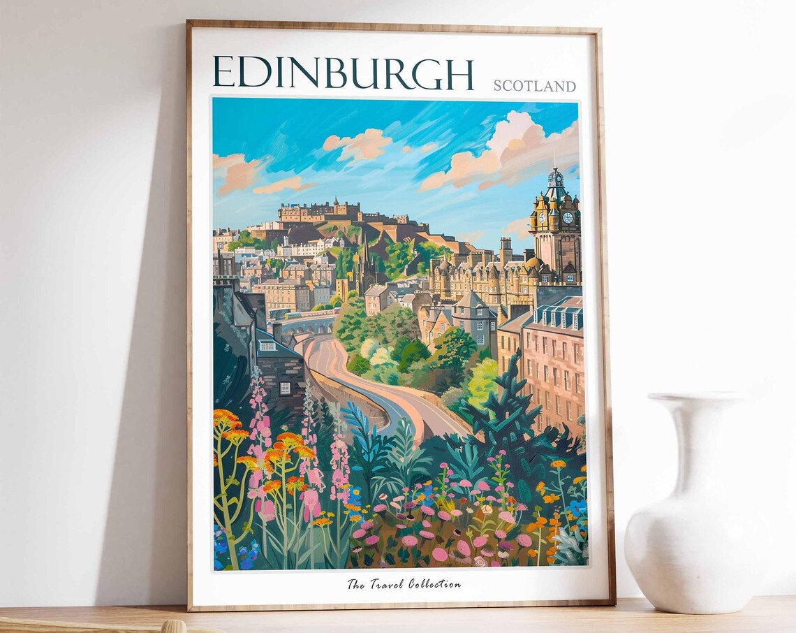 Edinburgh Travel Poster, Scotland Botanical Art Print