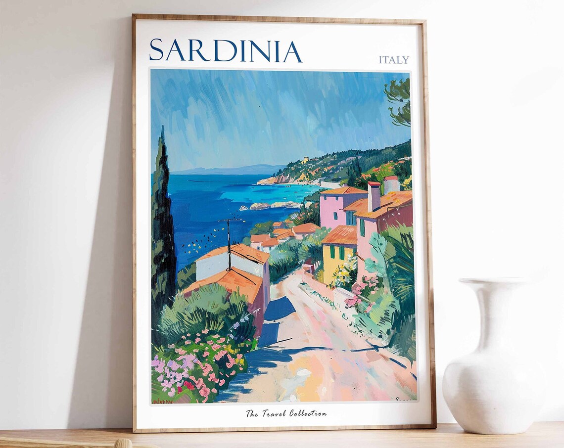 Sardinia Italy Coastal Road Pastel Houses Seaside Travel Poster