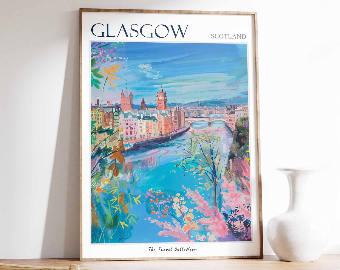 Glasgow Scotland River Clyde Watercolor Cityscape Travel Poster