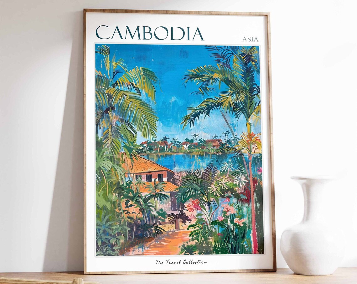 Cambodia Asia Tropical Palm Lagoon Painted Travel Collection Poster
