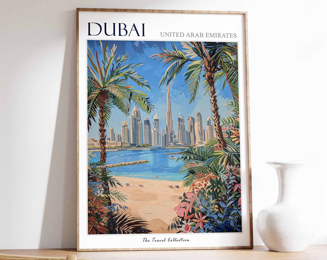 Dubai UAE Beach Skyline with Palms Painted City Travel Poster