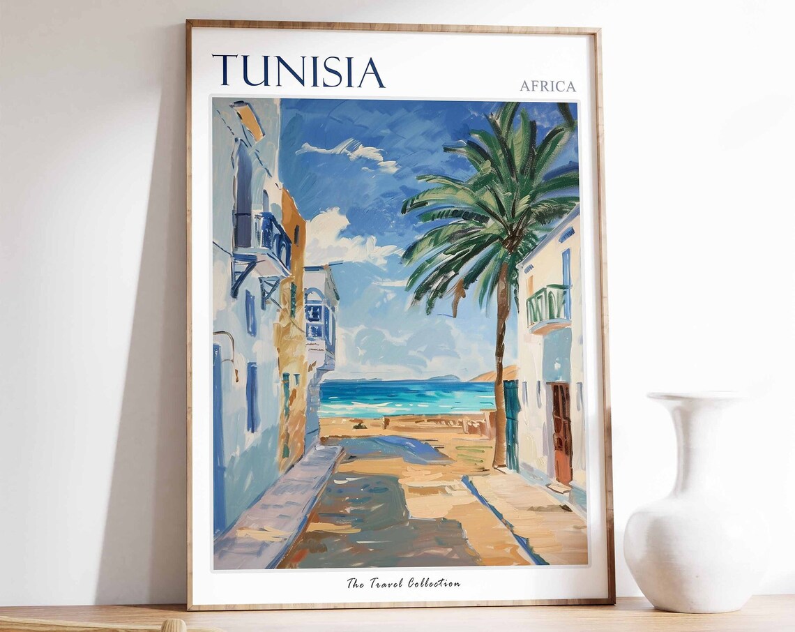 Tunisia Africa Charming White Blue Town Lane Sea Palms Poster