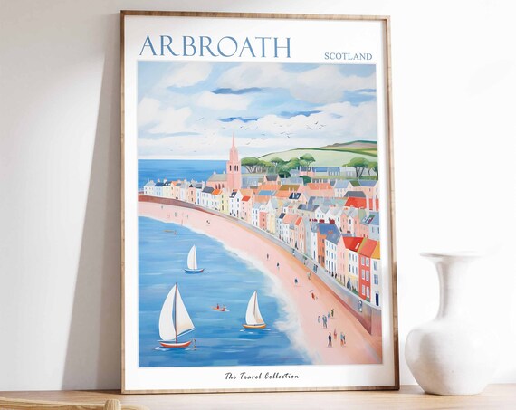 Arbroath Scotland Coastal Harbour Sailing Boats and Church Spire Poster