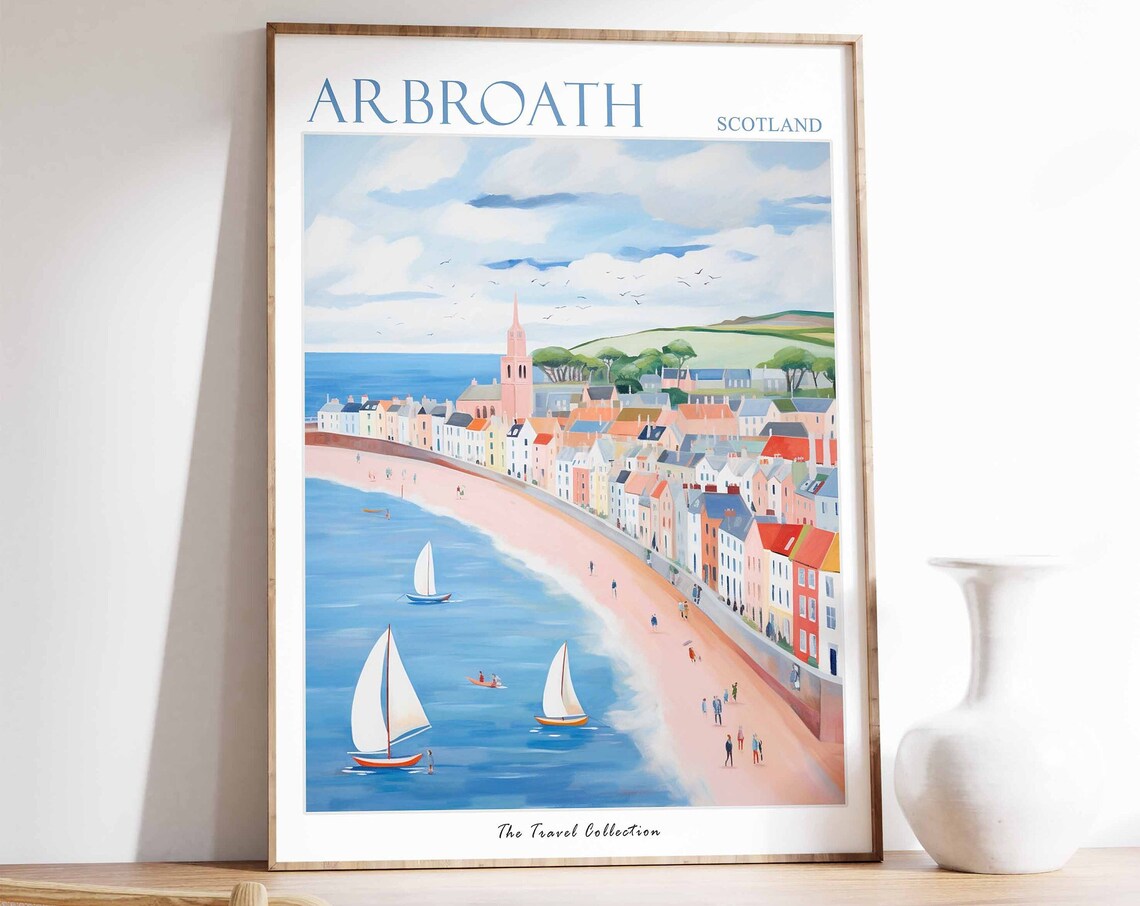 Arbroath Scotland Coastal Harbour Sailing Boats and Church Spire Poster