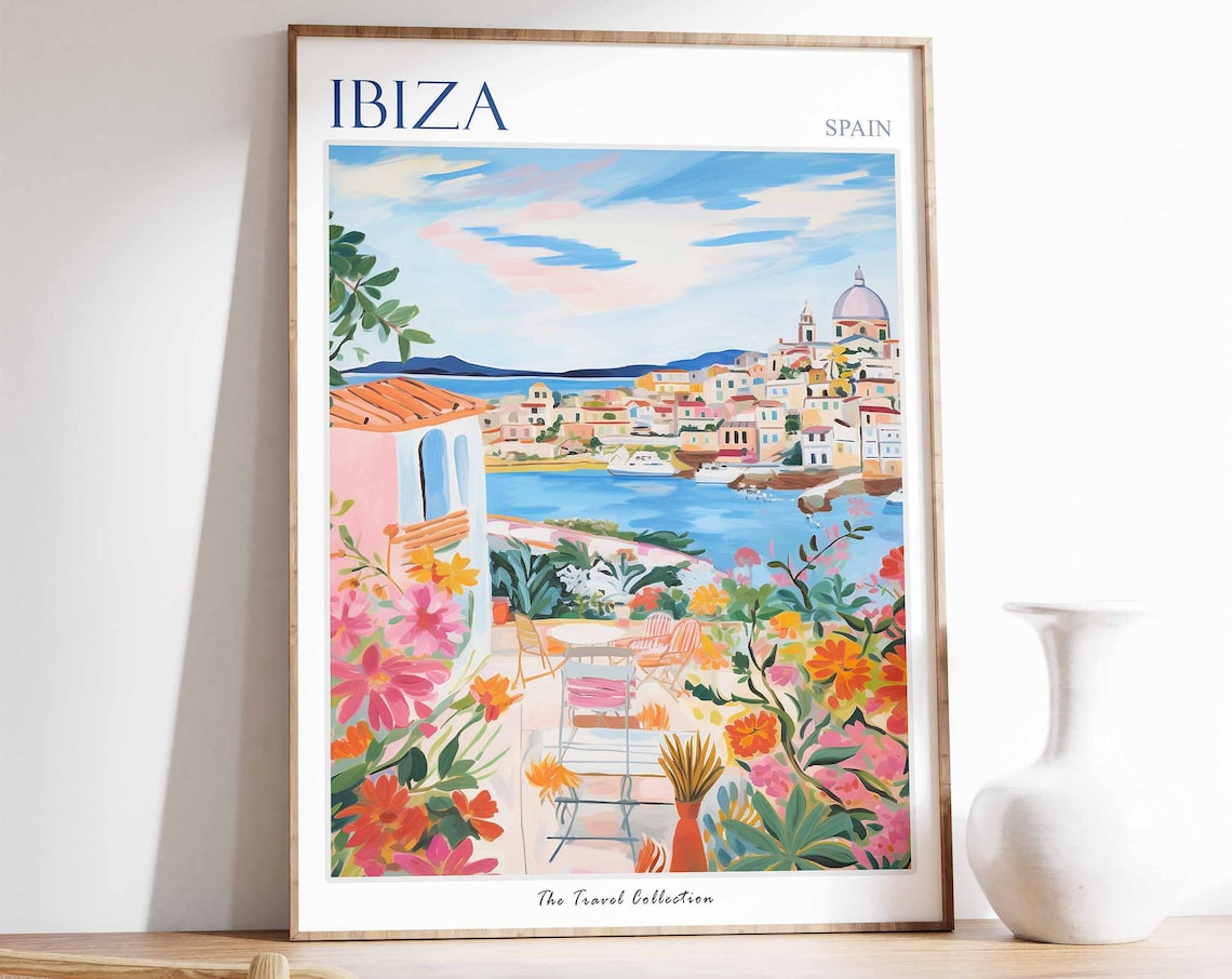 Ibiza Spain Harbor Cathedral Flower Terrace Art Travel Poster