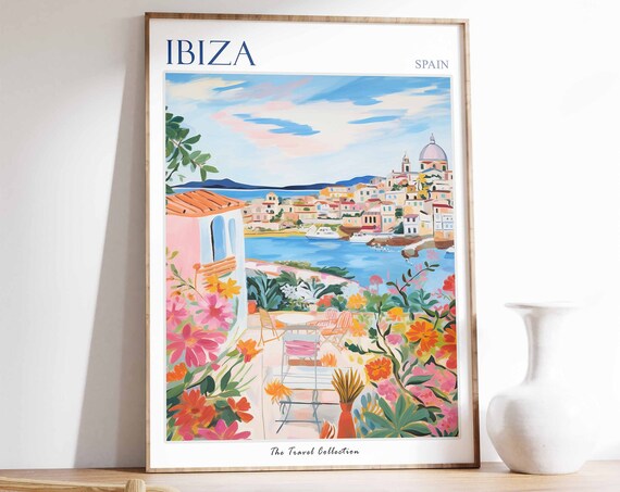 Ibiza Poster Ibiza Travel Print Spanish Travel Poster Tropical Decor Beach Art Ibiza Travel Gift Floral Print Coastal Decor