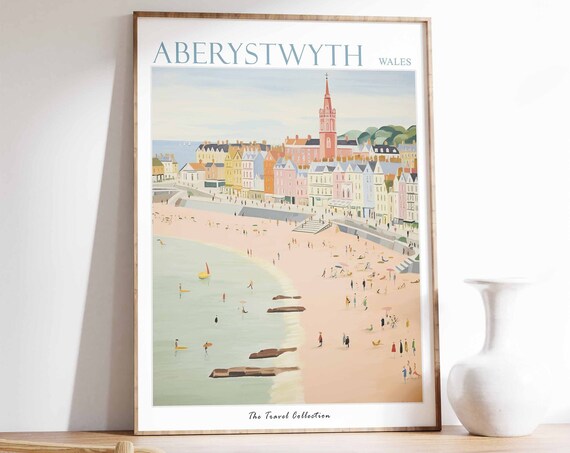 Aberystwyth Wales Pastel Beach Seafront Coast Scene Travel Poster