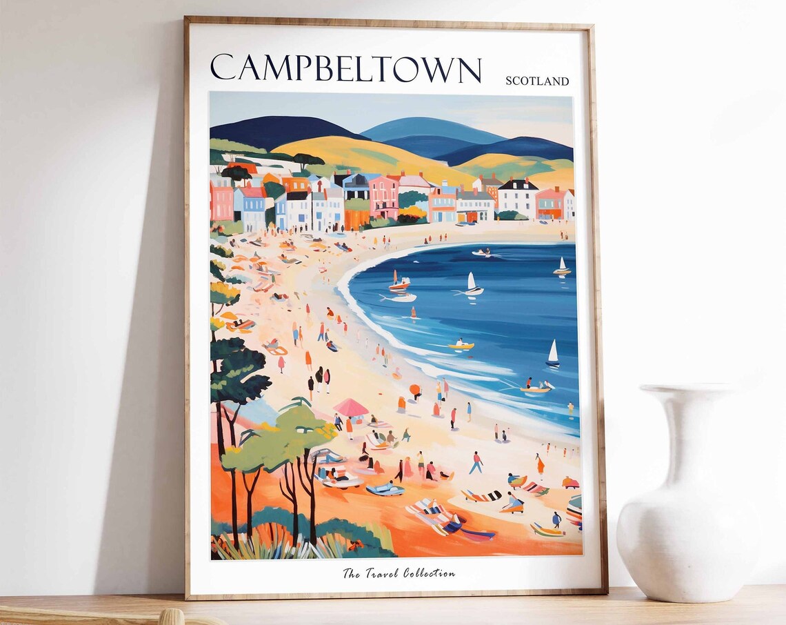 Campbeltown Scotland Beach Bay Illustrated Travel Poster Art