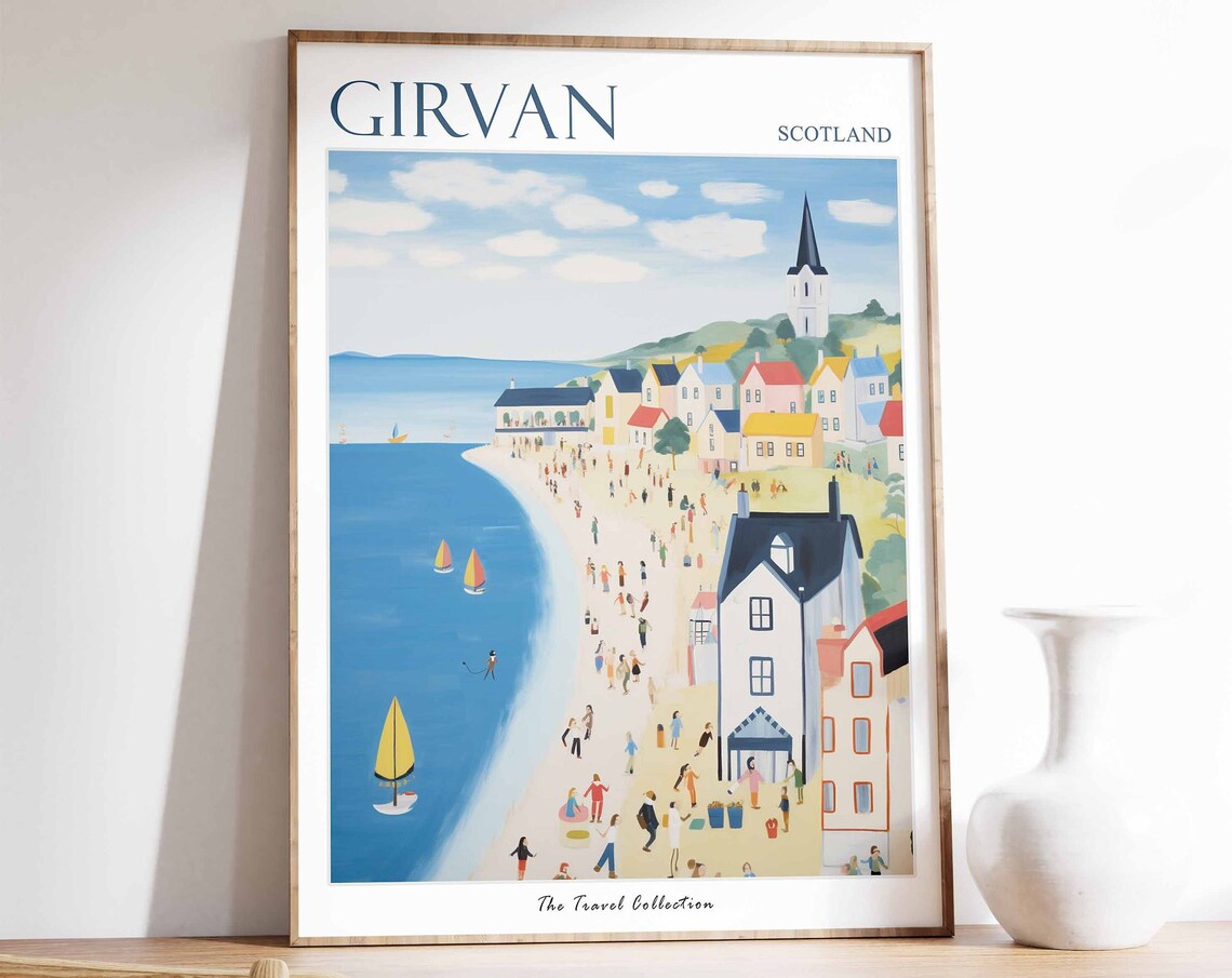 Girvan Scotland Beach Town with Church Spire Vintage Travel Poster