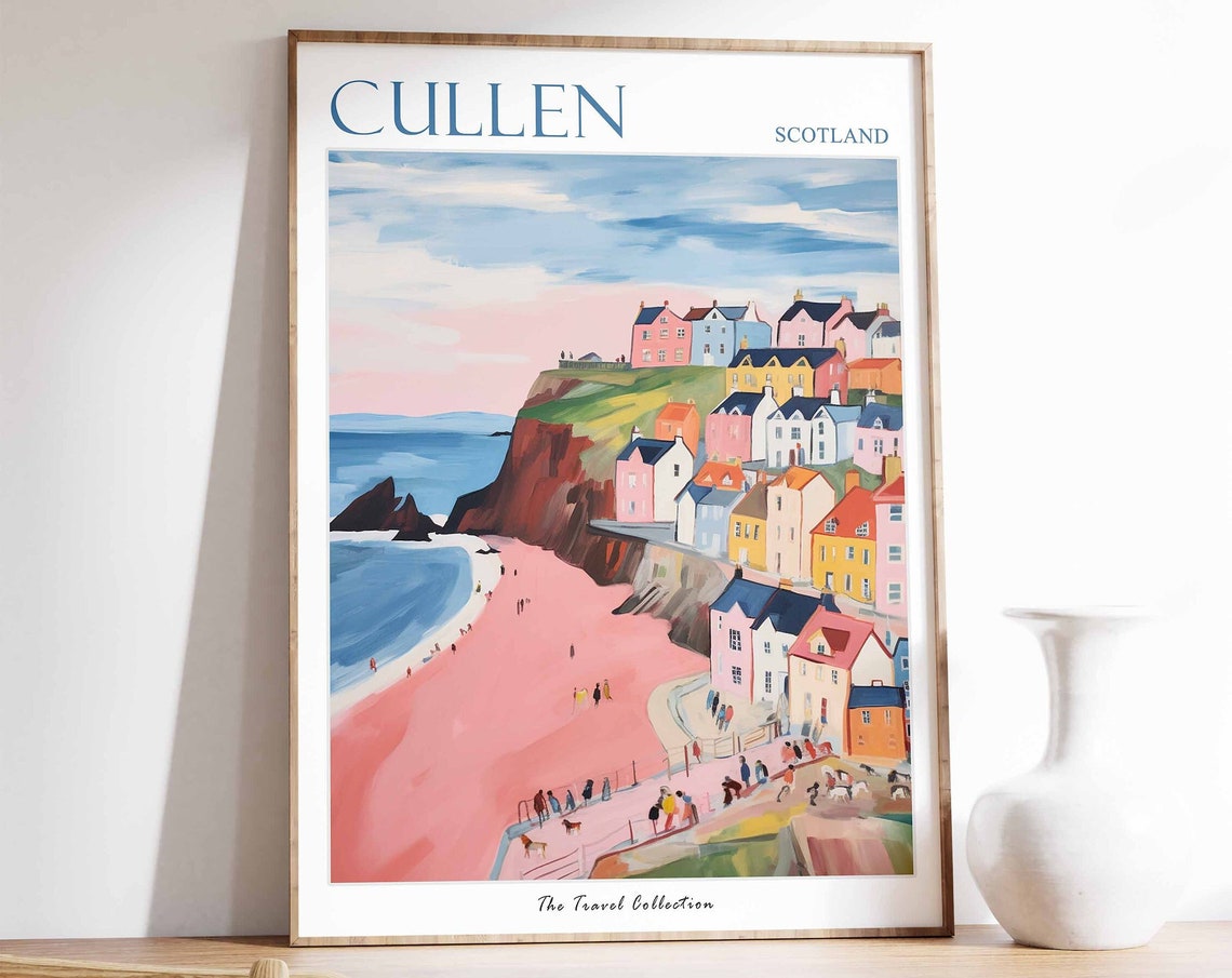 Cullen Scotland Pink Cliffs Seaside Town and Sandy Beach Poster