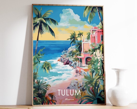 Tulum Poster Mexico Travel Print Mexican Beach Decor Gift Floral Scenery