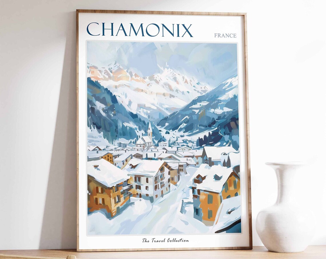 Chamonix France Snowy Alpine Village Mountain Peak Travel Poster