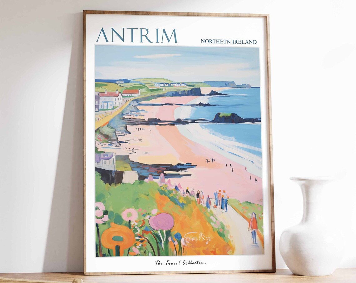 Antrim Northern Ireland Flower Beach Coastal Painting Travel Poster