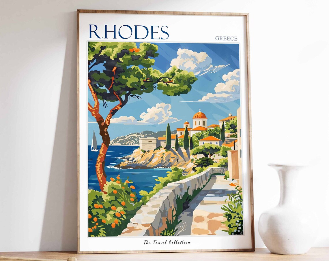 Rhodes Greece Coastal Path Seaside Village Church Travel Poster