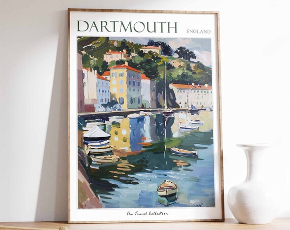 Dartmouth England Evening Harbor Reflections Illustrated Travel Poster