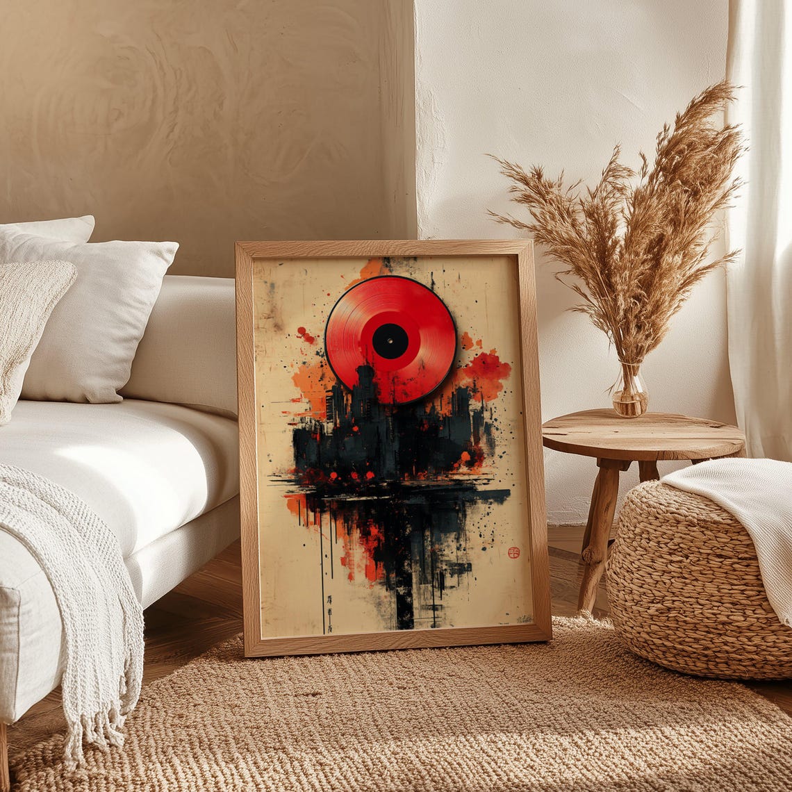 Red Vinyl Record Sun Rising Over A Dark Grungy Cityscape Wall Art - Image 4