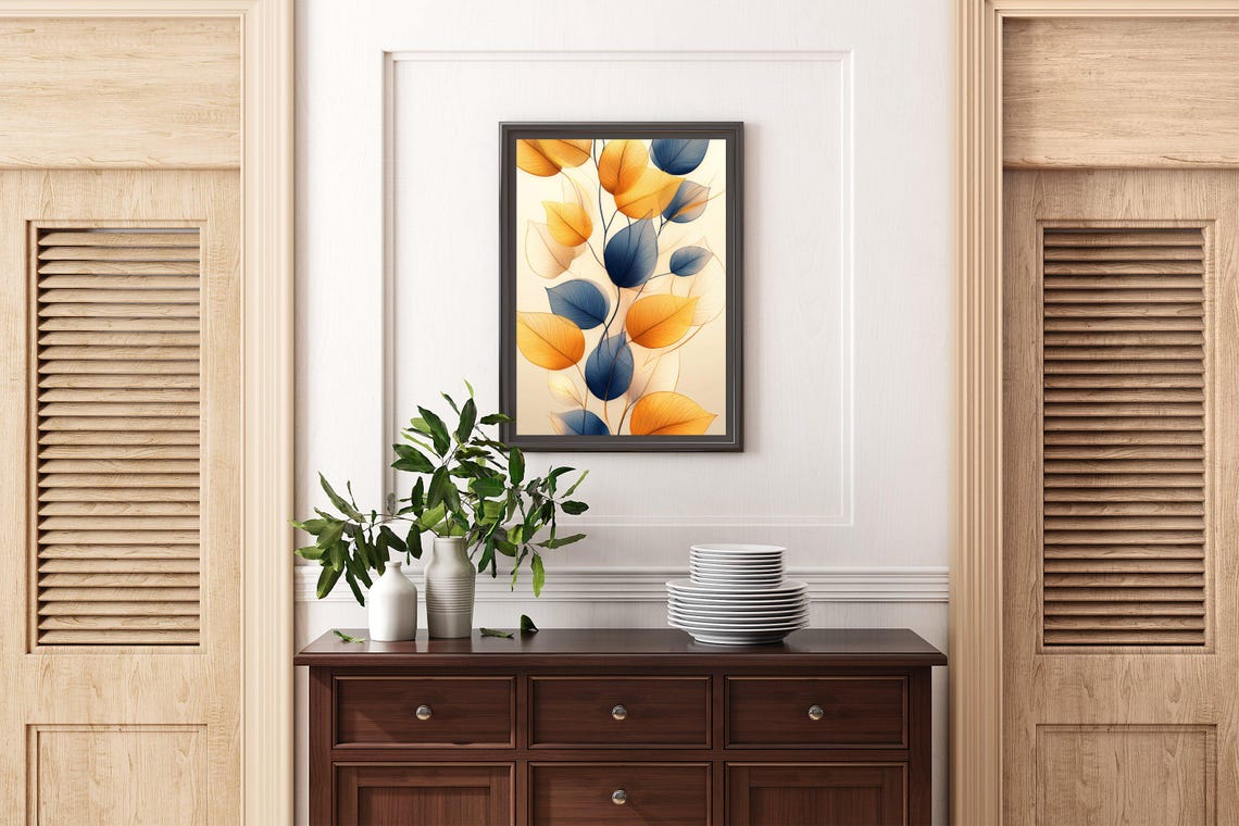 Translucent Amber and Blue Autumn Leaves on Soft Cream Poster - Image 2