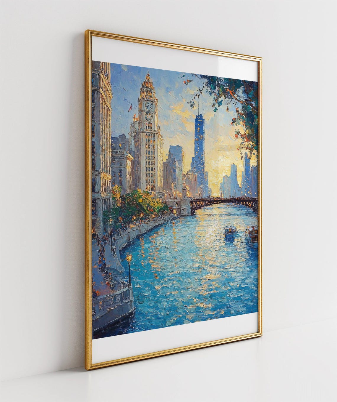 Chicago River Skyline at Sunset Impressionist Oil Painting Poster - Image 3