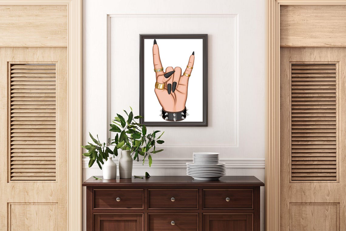 Rock On Hand Gesture With Gold Rings and a Spiked Cuff Poster - Image 3
