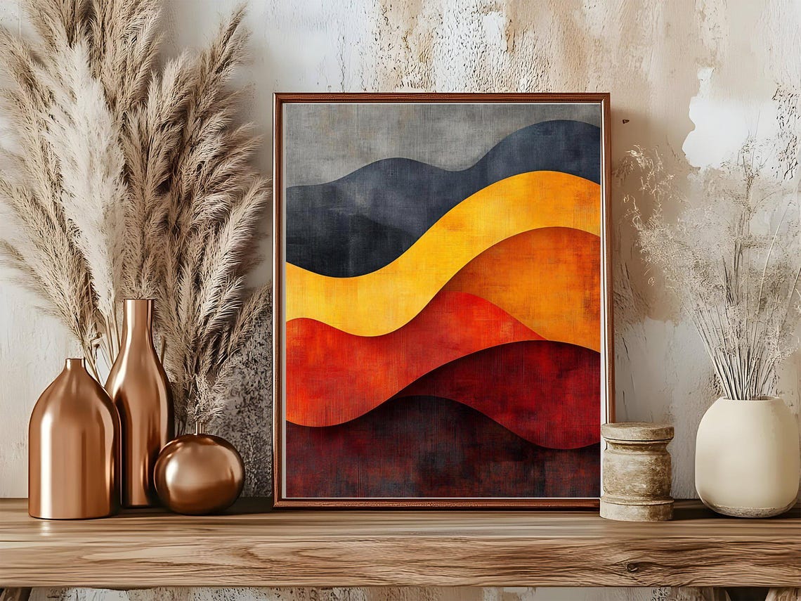 Abstract Layered Waves Poster With Navy Gold and Sunset Red Bands - Image 5