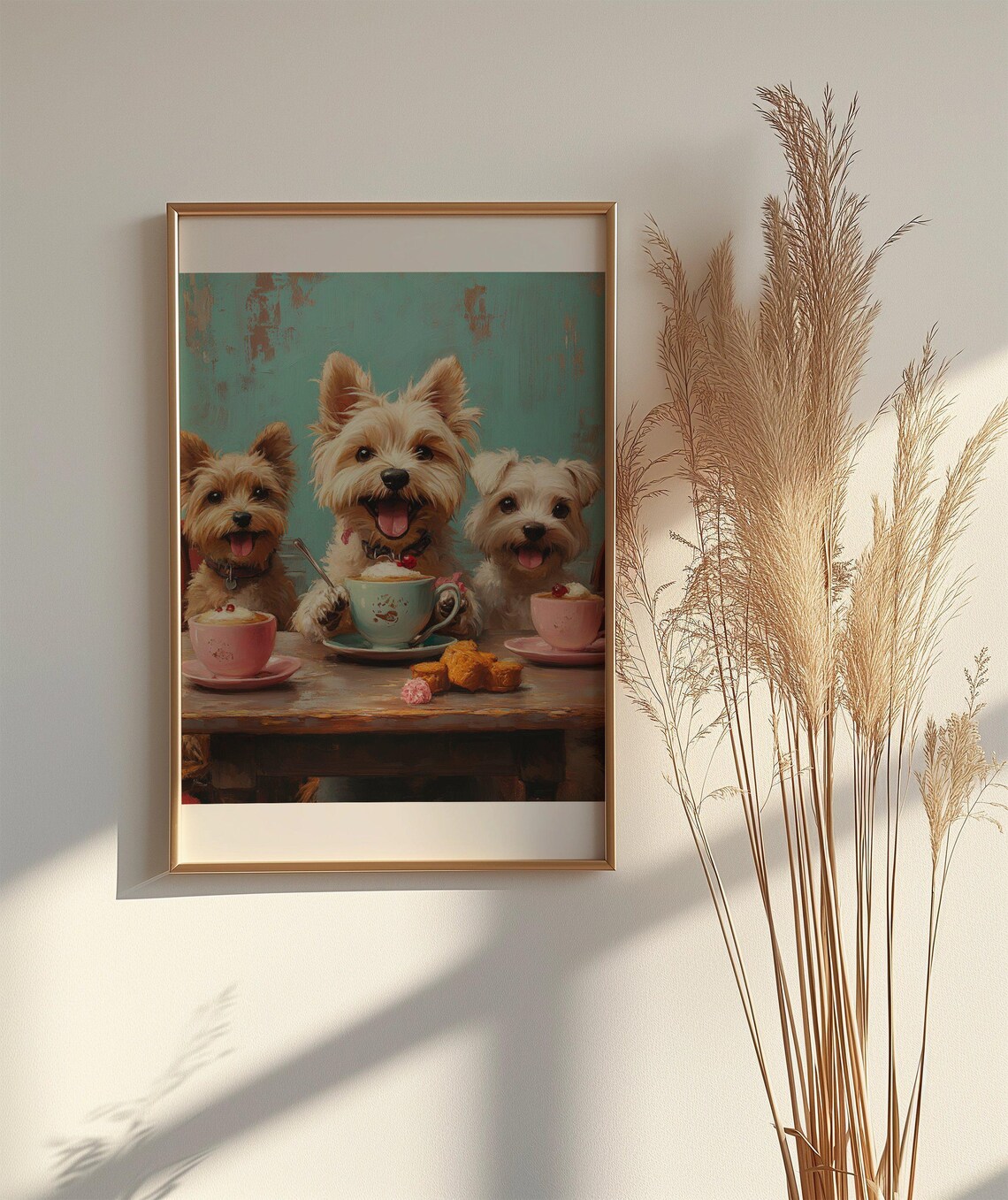 Three Happy Yorkie Puppies Sharing Hot Chocolate Treats Art Poster - Image 2