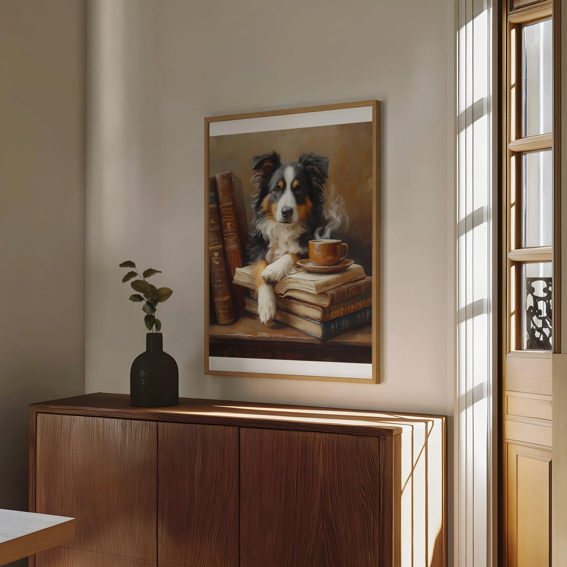 Fluffy Australian Shepherd Dog with Books and Coffee Art Poster - Image 4