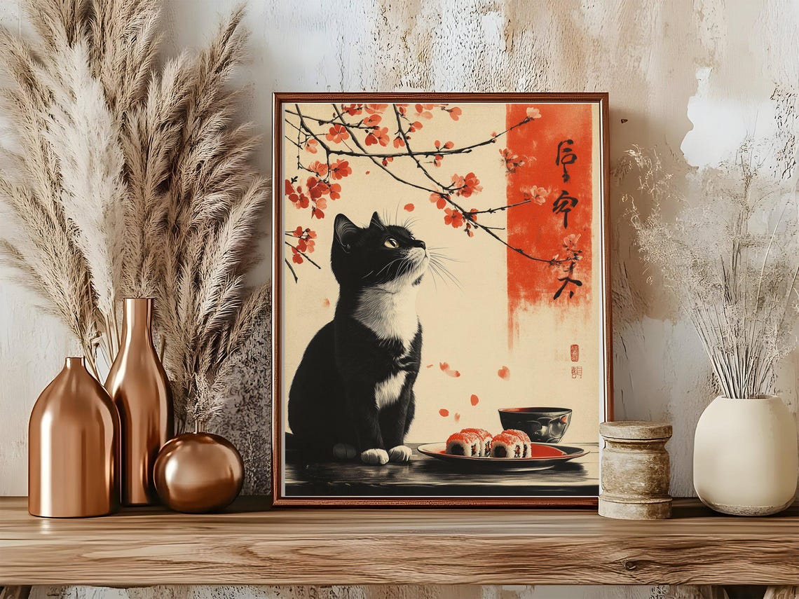 Charming Black Cat With Sushi Plate Under Cherry Blossoms Art Poster - Image 5