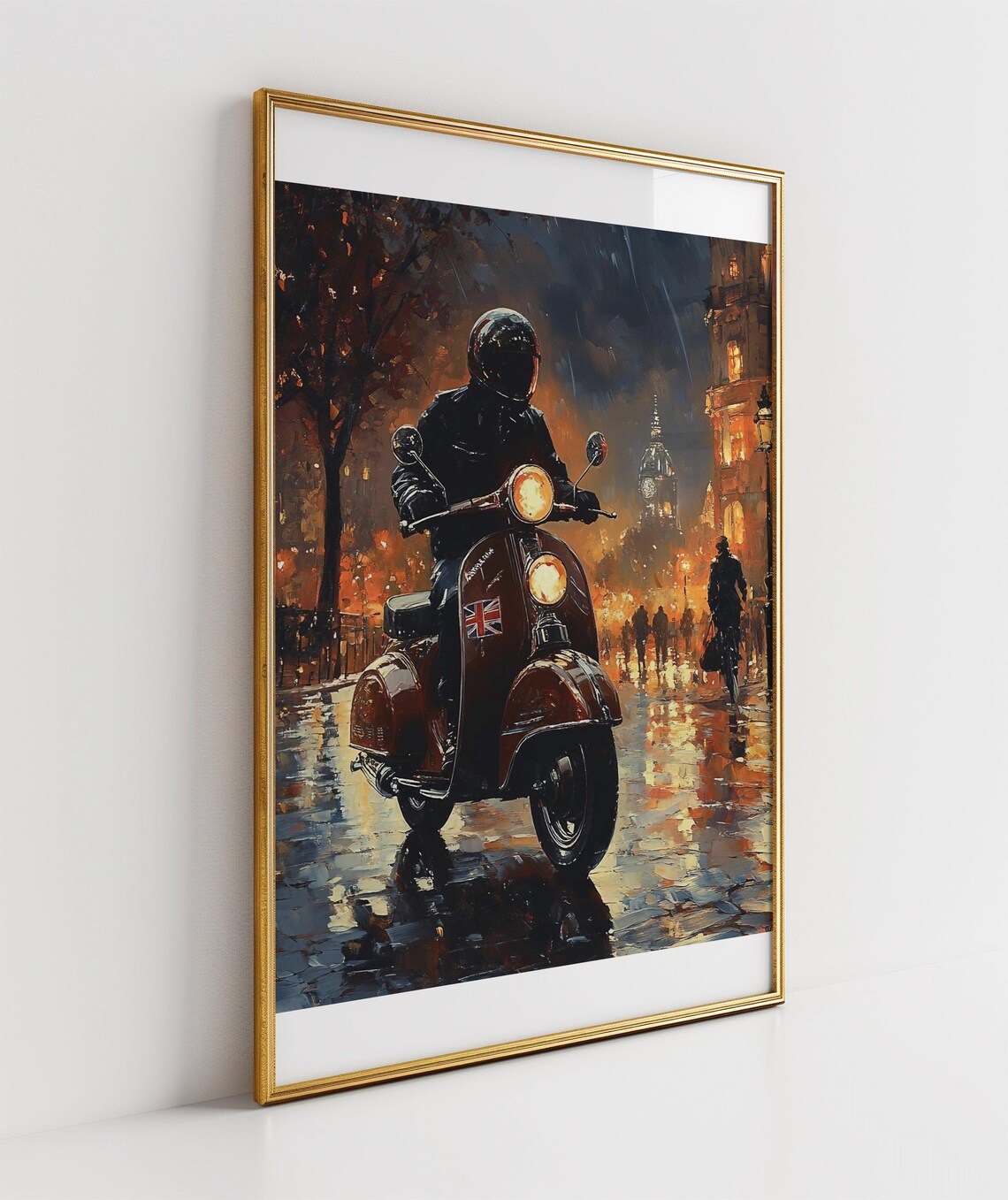 Vintage Scooter Rider in Rainy Night City Street Painting Poster - Image 3