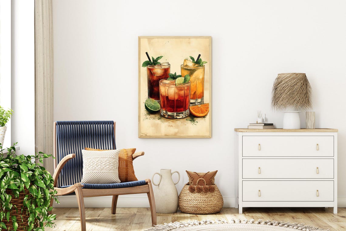 Watercolor Cocktail Poster With Three Glasses Mint Lime and Orange - Image 3