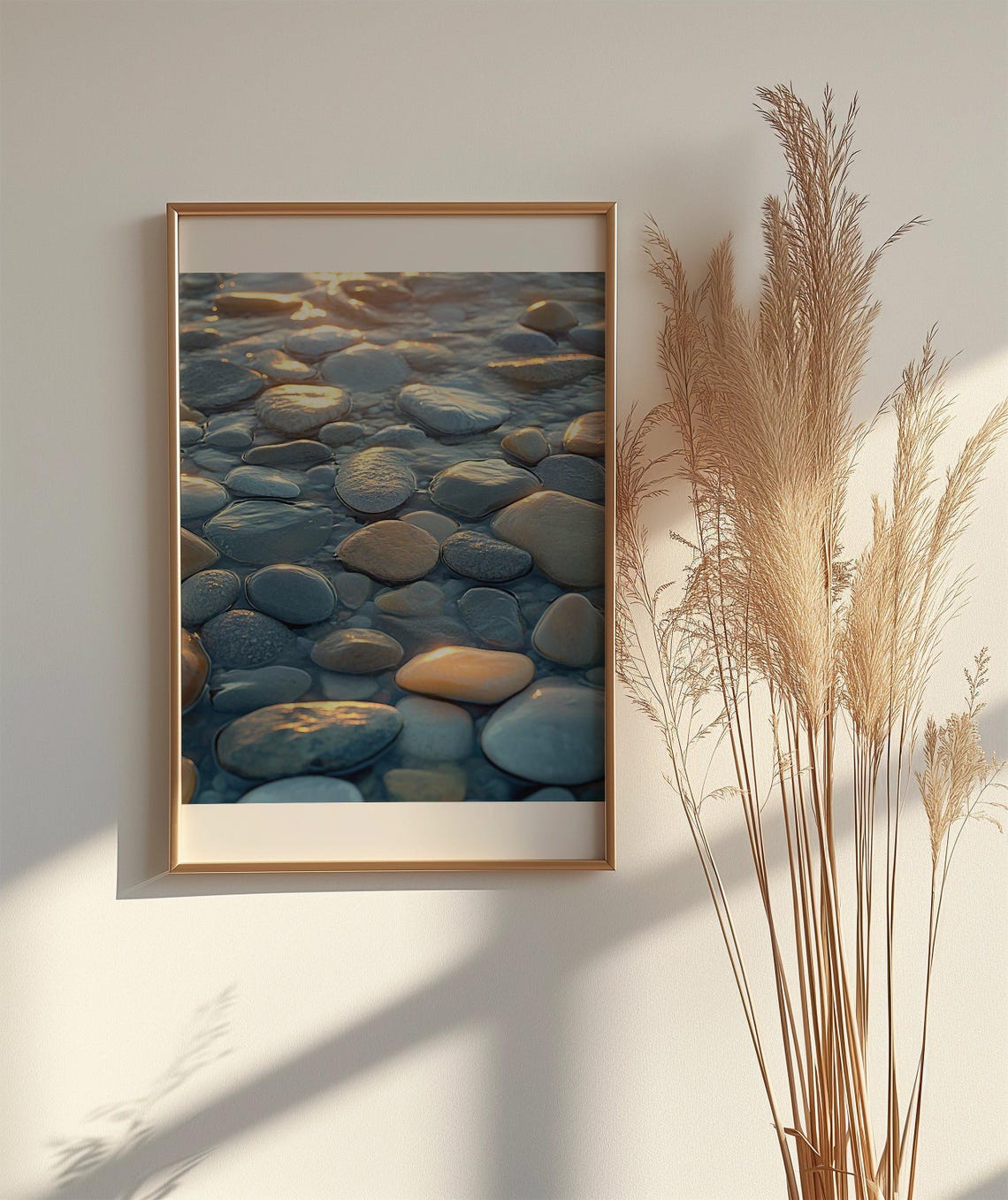 Golden Sunlight Glowing on Smooth Wet Pebbles Coastal Art Poster - Image 2