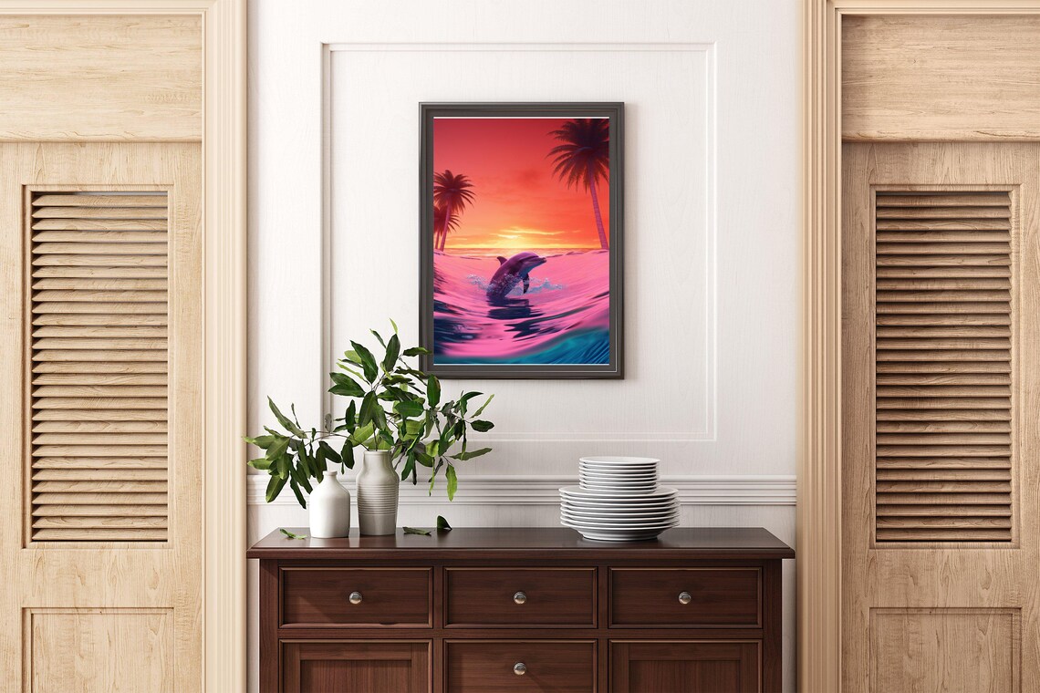 Dolphin Leaping at a Fiery Pink Tropical Sunset With Palms Poster - Image 2