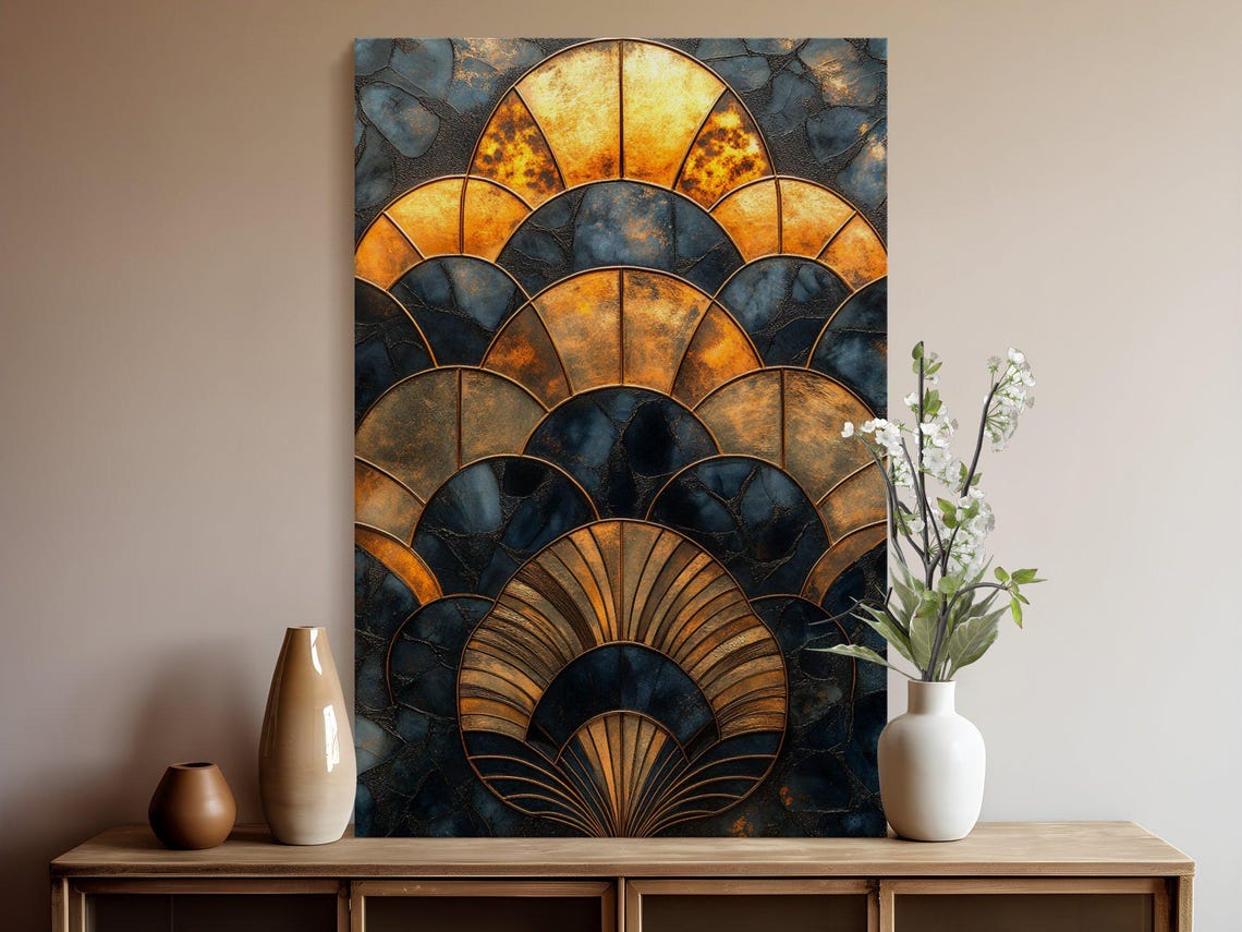 Art Deco Golden Fan Pattern on Navy Blue Stained Glass Style Poster - Image 5
