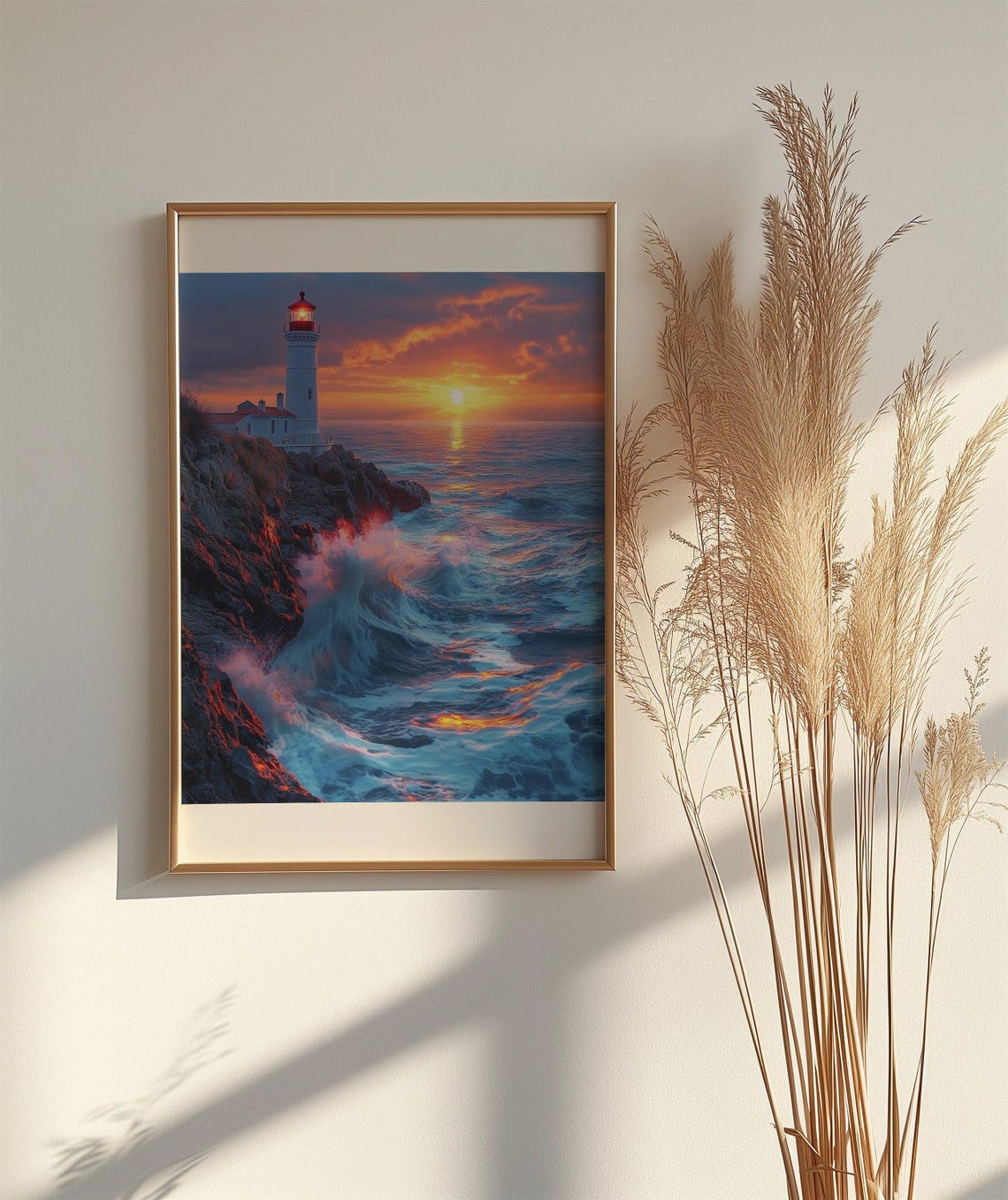 Lighthouse at Sunset Poster Over Dramatic Ocean Waves and Cliffs - Image 2