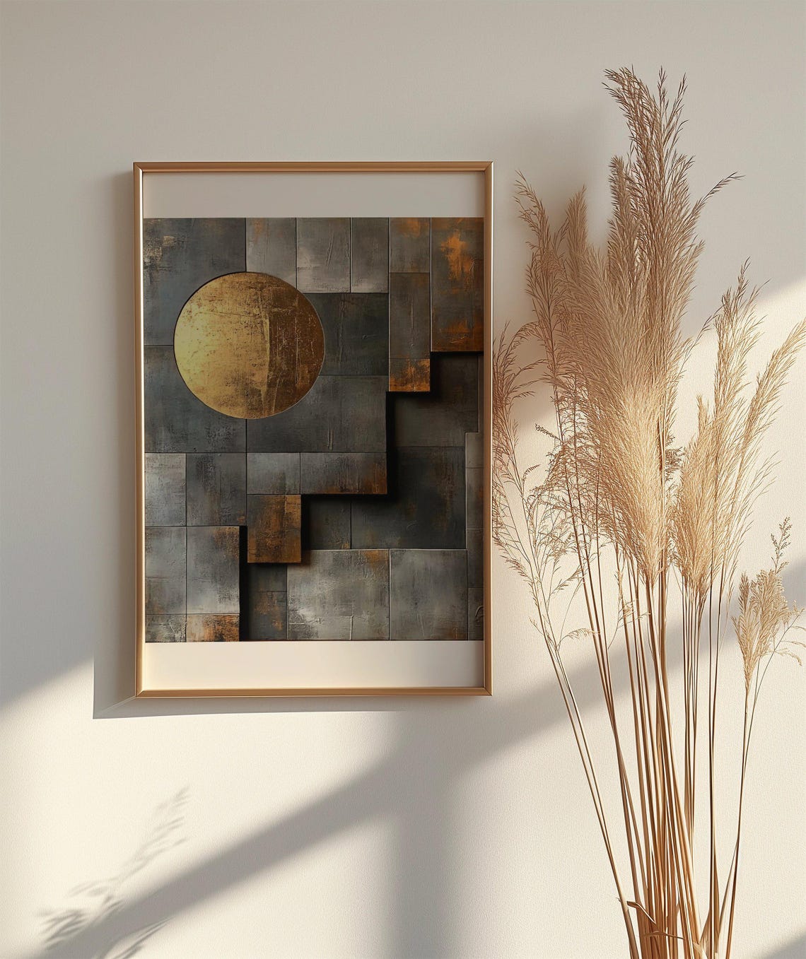 Golden Circle on Rust Tile Grid Abstract Geometric Art Poster - Image 2