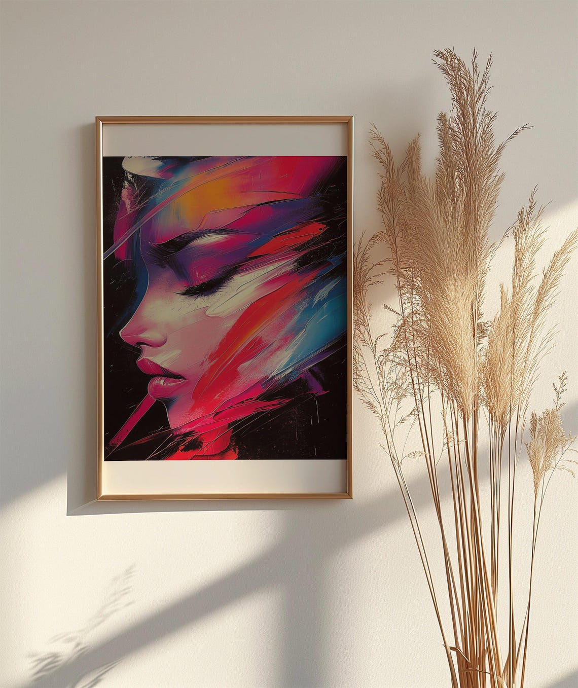 Electric Pink and Red Expressionist Woman's Face Profile Art Poster - Image 2