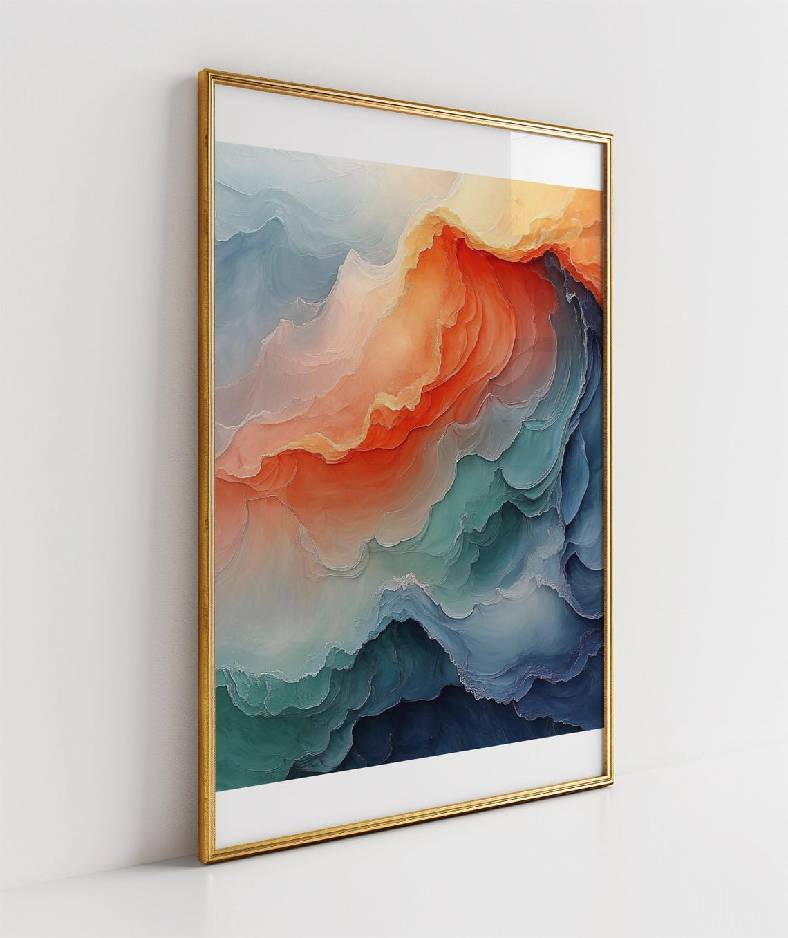 Layered Teal and Burnt Orange Ocean Waves Abstract Art Poster - Image 3