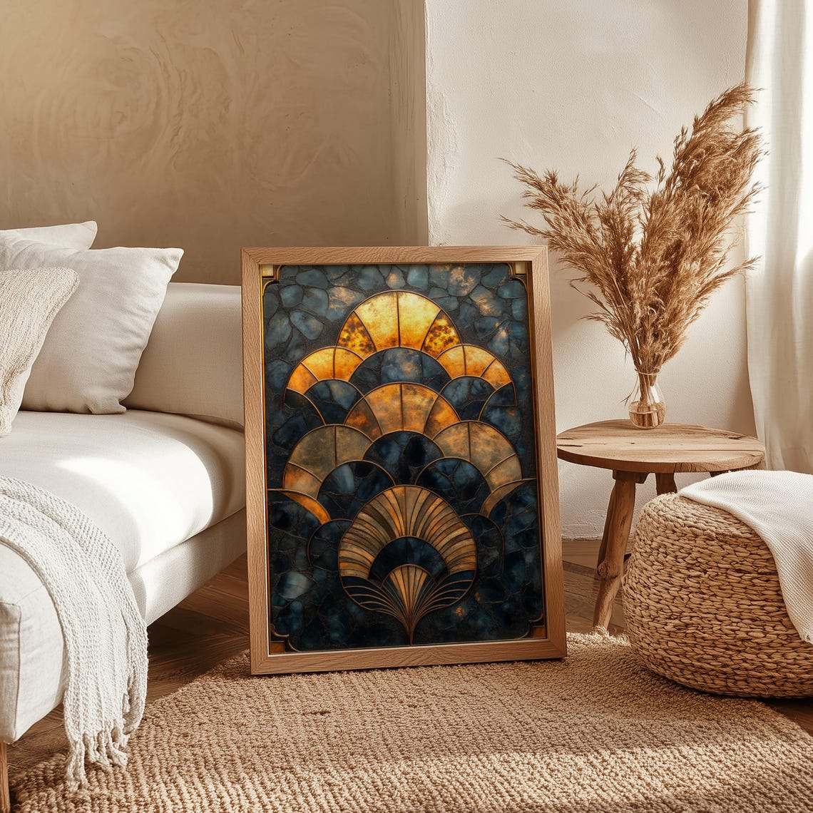 Art Deco Golden Fan Pattern on Navy Blue Stained Glass Style Poster - Image 4