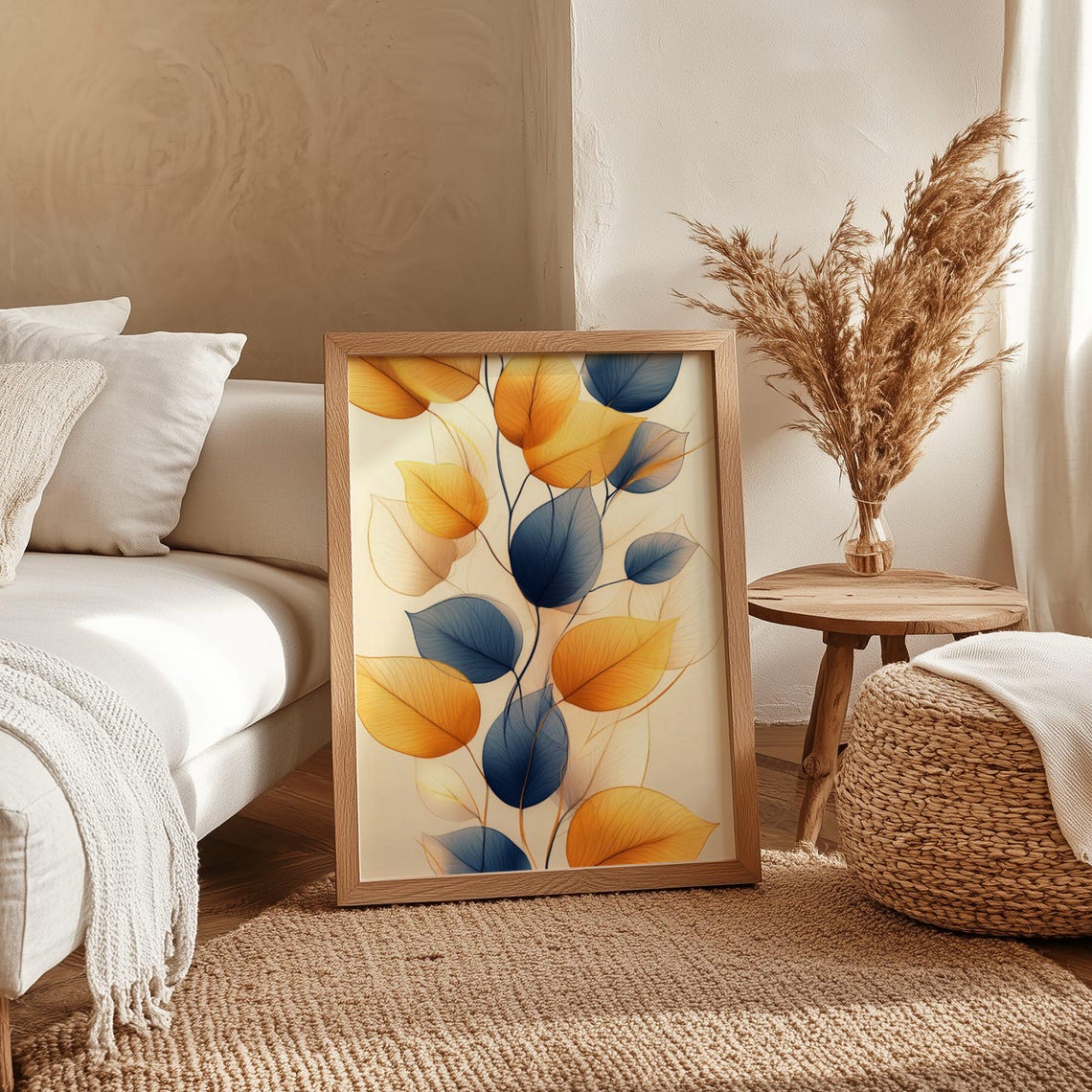 Translucent Amber and Blue Autumn Leaves on Soft Cream Poster - Image 4
