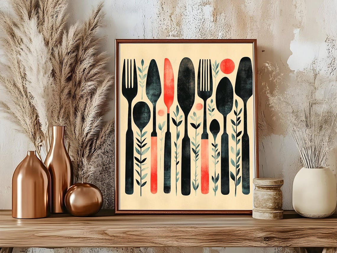 Folk Art Cutlery Forks and Spoons Retro Kitchen Decor Poster - Image 5