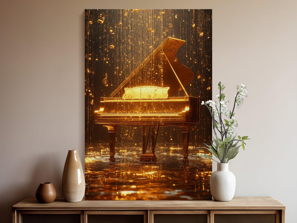 Golden Grand Piano Standing Alone In Sparkling Golden Rain Poster - Image 5