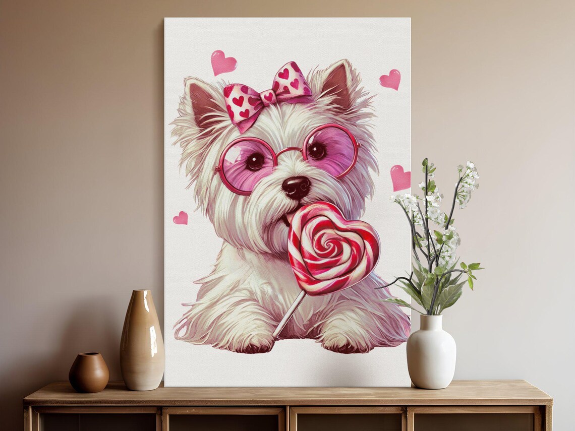 Cute White Fluffy Dog With Pink Sunglasses And Heart Lollipop Wall Art - Image 5