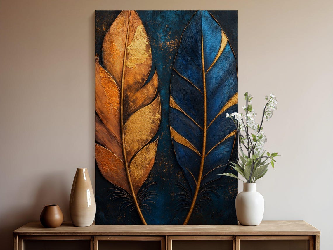 Golden and Sapphire Leaves With Gold Veining on Dark Teal Poster - Image 5