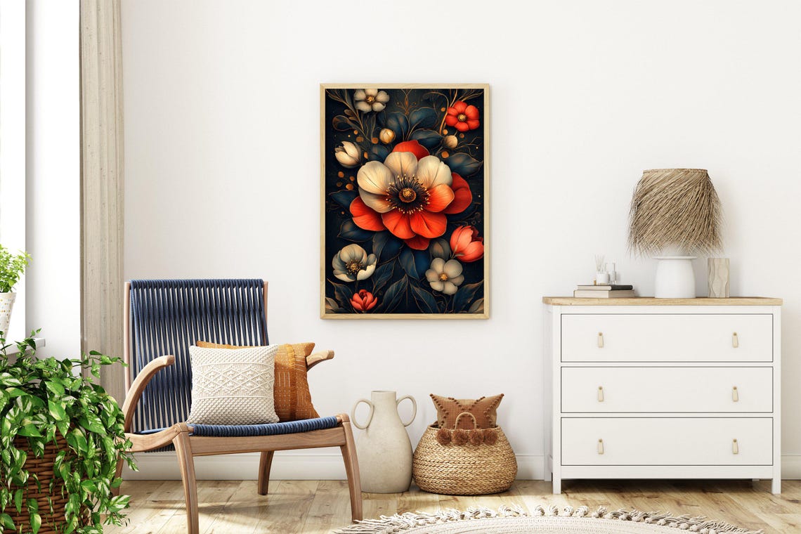 Moody Red And White Flowers On Dark Botanical Floral Wall Art - Image 3