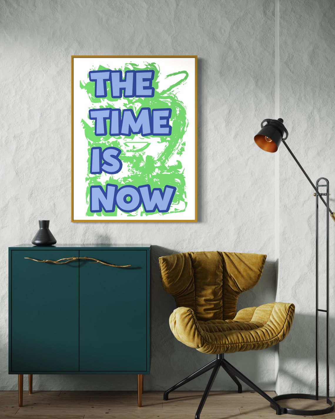 The Time Is Now Blue Bold Letters Green Splatter Motivational Poster - Image 3