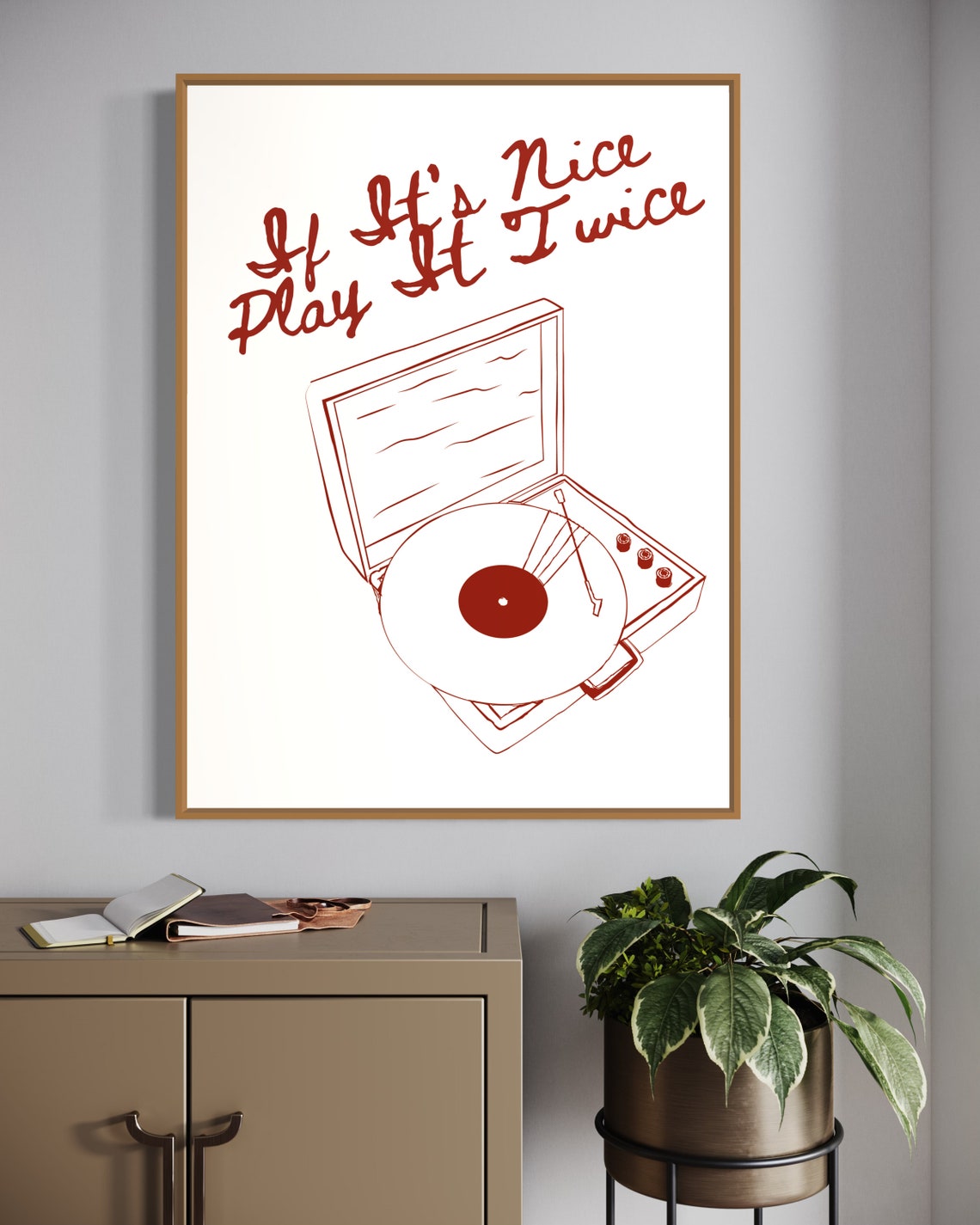 Play It Twice Vinyl Record Player Red Line Art Retro Music Poster - Image 4